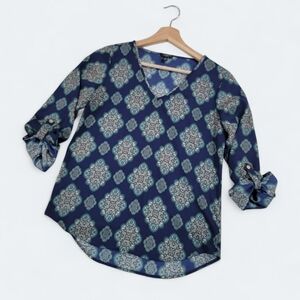 Ann Taylor Blue Patterned Women's Roll Tab Sleeve Top Size XSP Long Sleeves